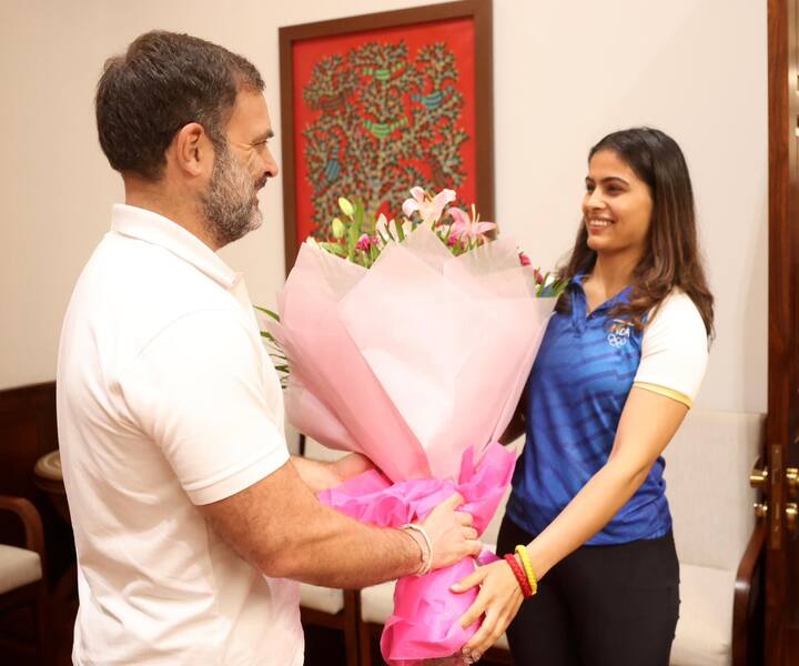 Olympic double medalist Manu Bhaker her coach Jaspal Rana and her parents meet Lok Sabha Leader of Opposition and Congress MP Rahul Gandhi at the LoP room, Parliament House on Friday in Delhi. (Image Source: AICC)