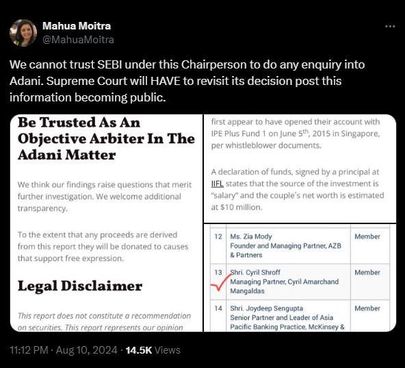 हिंडनबर्ग के ताजा खुलासे में SEBI चेयरपर्सन का नाम: बोलीं TMC की महुआ मोइत्रा- ये टकराव भी, कब्जा भी, कोई आश्चर्य नहीं कि...