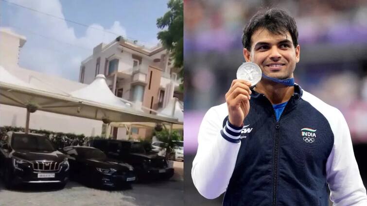 neeraj chopra house car collection and bikes net worth owns three story bunglow in panipat Watch: बड़ा सा गेट, महंगी-महंगी गाड़ियों का काफिला, बेशुमार बाइक्स... देखिए नीरज चोपड़ा का आलीशान घर