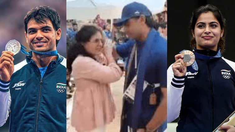 neeraj chopra meets manu bhaker mother video goes viral fans says neeraj manu dating rishta pakka Watch: मनु भाकर से शर्मा गए नीरज चोपड़ा, फिर मां ने खिलवाई कसम; लव स्टोरी, शादी और...