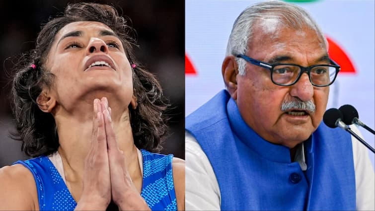 Bhupinder Singh Hooda demand to give vinesh phogat honor of gold medal winner paris olympics 2024 भूपेंद्र सिंह हुड्डा ने की विनेश फोगाट को गोल्ड मेडल वाला सम्मान देने की मांग, कहा- '100 ग्राम वजन कम..'