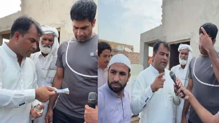 Arshad Nadeem Viral Video A Pakistani man was giving money to Arshad Nadeem in front of the camera people trolled him अरशद नदीम को इस शख्स ने कैमरे के सामने दिए पैसे तो किसने कहा- बेशर्म, देश के नायक को इस तरह पैसे देना गंदगी है