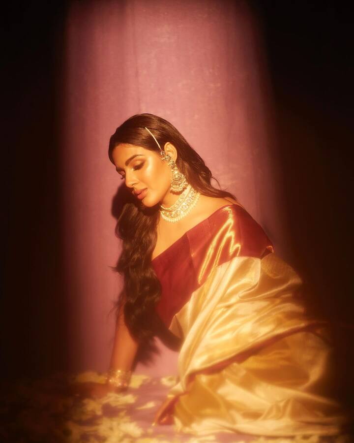 పెద్ద అంచు చీర కట్టి.. దానికి తగ్గట్లు తన లుక్​ని సెట్ చేసుకుంది. హెయిర్​ని లీవ్ చేసి.. సెమీ కర్ల్స్  చేసి.. అందంగా కనిపించింది.(Images Source : Instagram/Samyuktha)