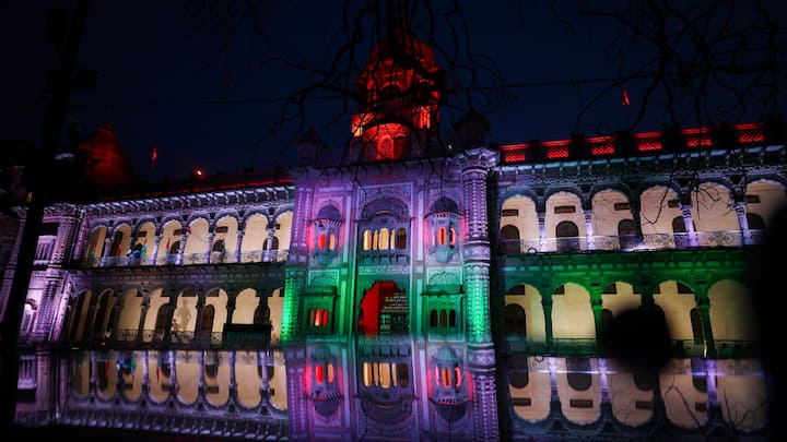 Mubarak Mandi complex illuminated with tricolours on the eve of 78th Independence Day. Security has also been heightened in various parts of the country, especially in Delhi.  (Photo: PTI)