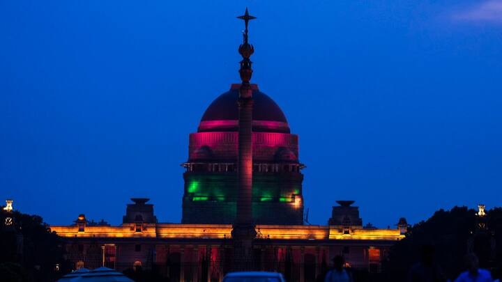 An illuminated view of the Raisina Hills ahead of 78th Independence Day celebration in New Delhi. Prime Minister Narendra Modi will unfurl the national flag at the Red Fort in Delhi for the 11th consecutive year on Thursday. (Photo: PTI)