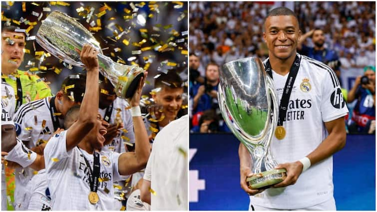 WATCH Kylian Mbappe Scores His First Goal For Real Madrid Hails The UEFA Super Cup 2024 Magical Night Jude Bellingham Vinicius Jr Carlo Ancelotti Atalanta Hala Madrid WATCH | Kylian Mbappe Scores His First Goal For Real Madrid, Hails The UEFA Super Cup 2024 As 'Magical Night'