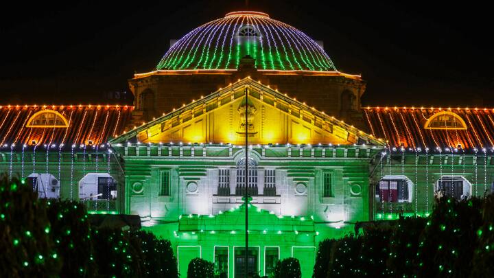 Allahabad High Court lit up with tricolours on the eve of the country's 78th Independence Day, in Prayagraj, Uttar Pradesh. The theme of this year's celebration, 'Viksit Bharat @ 2047', aims to propel the country towards its goal of becoming a developed nation by the year 2047. (Photo: PTI)