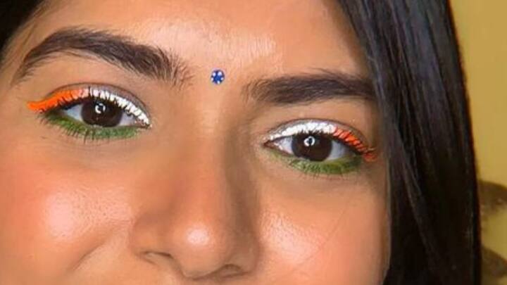 1. Tricolor Eyeliner: Create a bold statement with a tri-colored eyeliner look. Use saffron, white, and green liners to craft a unique winged design that captures the essence of the Indian flag. This patriotic eye makeup not only showcases your creativity but also serves as a conversation starter about India's rich cultural heritage. (Image source: Pinterest/ Bhumika Thakkar)