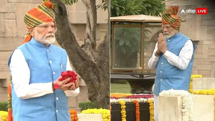 78th IndependenceDay Prime Minister Narendra Modi pays floral tributes to Mahatma Gandhi at Rajghat on IndependenceDay 2024 78th Independence Day: ग्रीन और ऑरेंज कलर की पगड़ी, आसमानी कलर की जैकेट... स्वतंत्रता दिवस पर इस खास अंदाज में नजर आए पीएम मोदी