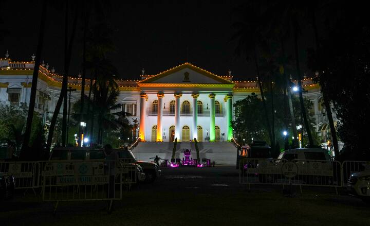 Tricolour light up the Rajbhavan building in Kolkata, West Bengal ahead of the 78th Independence Day. Around 6,000 special guests representing diverse sections of Indian society, including youth, tribal communities, farmers, and women have been invited this year to witness the ceremony in the national capital. (Photo: PTI)