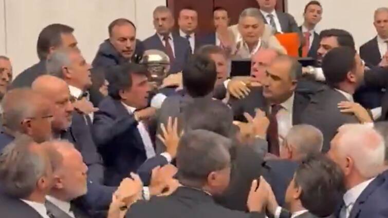 Lawmakers Engage In Bloody Brawl During Debate At Turkish Parliament Over Return Of Jailed Oppn MP video Turkish Parliament Turns Into Boxing Ring As MPs Draw Blood In Brawl During Debate: VIDEO