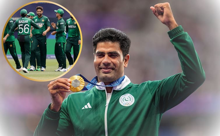 Paris Olympics 2024 Javelin Throw Gold medal Arshad Nadeem join Pakistan Cricket Dressing Room during Bangladesh Test series PAK vs BAN क्रिकेटर बनने का सपना रहा अधूरा, अब पाकिस्तान टीम के साथ धूम मचाएंगे अरशद नदीम