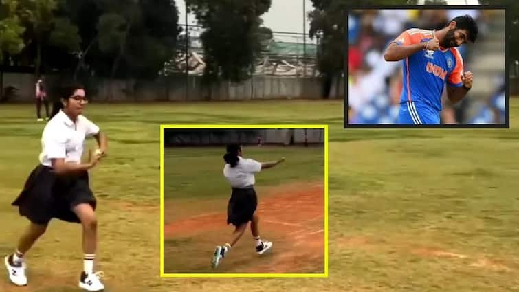 young girl tries to emulate Jasprit Bumrah bowling action Viral Video Marathi News  Viral Video : 'लेडी बुमराह'चा कहर, तुफानी गोलंदाजीने उडवून दिली खळबळ; तुम्ही पाहिला का व्हिडिओ?