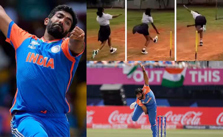 a-young-girl-inspired-by-jasprit-bumrah-bowling-style-video-jasprit-bumrah-bowling-action-copy-by-young-school-girl-video Watch: સ્કુલ ડ્રેસમાં આ છોકરીએ કરી જસપ્રીત બુમરાહની બોલિંગની નકલ, લોકોએ કહ્યું-'લેડી બુમરાહ', જુઓ વીડિયો