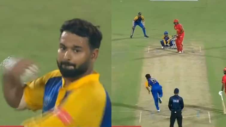 Rishabh Pant Bowls Leg Spin Viral Video Shane Warner Like Action DPL 2024 Delhi Premier League T20 Purani Dilli 6 Rishabh Pant Bowls Leg Spin With Shane Warne-Like Action In A Rare Sight In DPL T20 Match | WATCH VIDEO