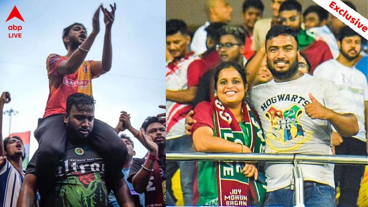 Shiladitya Banerjee mohun bagan supporter lifted east bengal fan on shoulder during RG Kar Protest derby cancelled ABP ananda exclusive Derby Match: স্ত্রীর ওপর লাঠিচার্জ, কাঁদতে কাঁদতেই ইস্টবেঙ্গল সমর্থককে কাঁধে তুলে নেন 'নায়ক' শিলাদিত্য