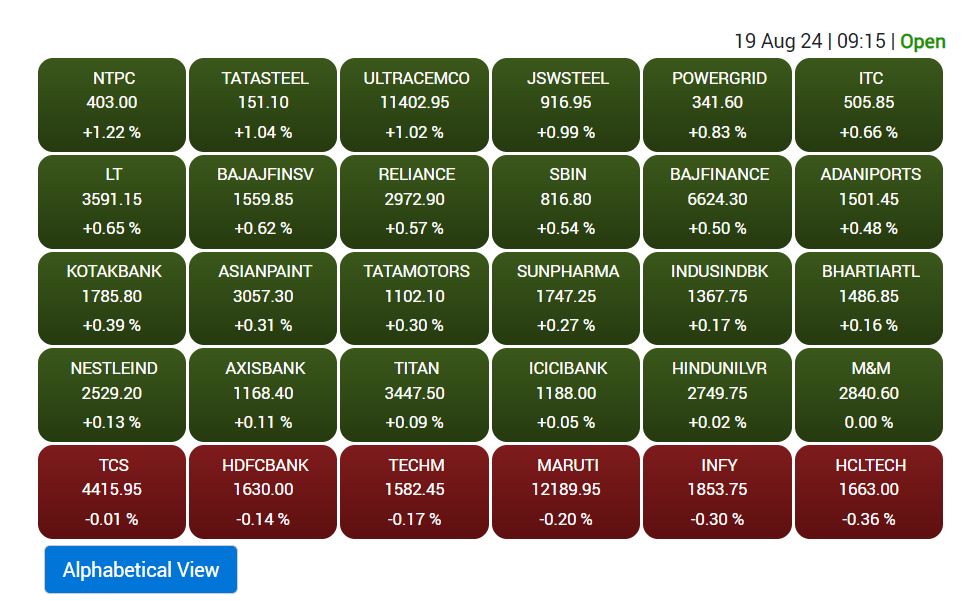 Stock Market Opening: रक्षाबंधन के दिन शेयर बाजार गुलजार, सेंसेक्स 80,600 के पार, निफ्टी 24600 के ऊपर