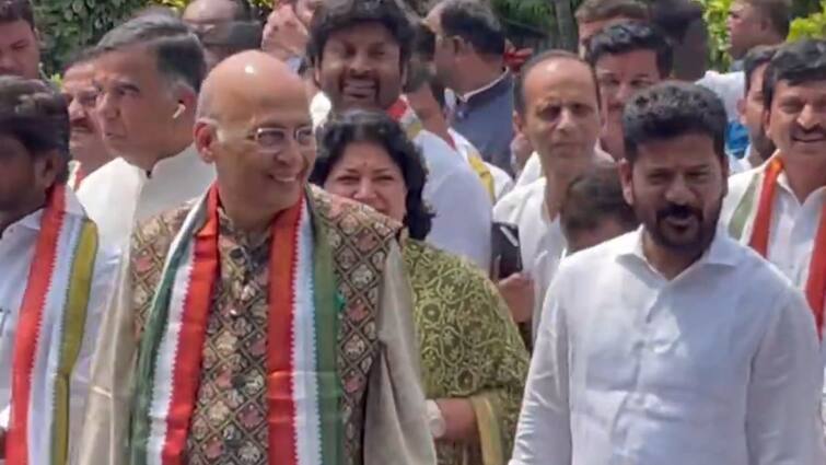 Rajya Sabha Bypoll 2024 Abhishek Manu Singhvi Congress Files Nomination Revanth Reddy Accompanies Congress's Abhishek Manu Singhvi Files Nomination For Rajya Sabha Bypolls From Telangana, CM Reddy Accompanies