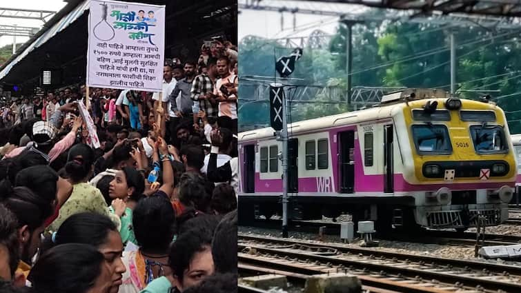 Badlapur Protest and Mumbai Local Outbreak in Badlapur Local stopped long distance trains diverted to another route Marathi News Badlapur Protest and Mumbai Local : बदलापुरात उद्रेक, लोकल रखडल्या, लांब पल्ल्याच्या गाड्या दुसऱ्या मार्गाने वळवल्या!