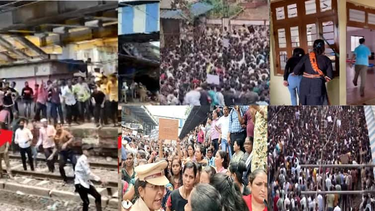 Badlapur School girls assault crowd get angry stone pelting on RPF police breaks tear gas tubes at school area Badlapur School News: बदलापूरमध्ये आंदोलकांचं आग्यामोहोळ उठलं, स्टेशनवर तुफान दगडफेक, पोलिसांनी शाळेबाहेर अश्रुधुराची नळकांडी फोडली