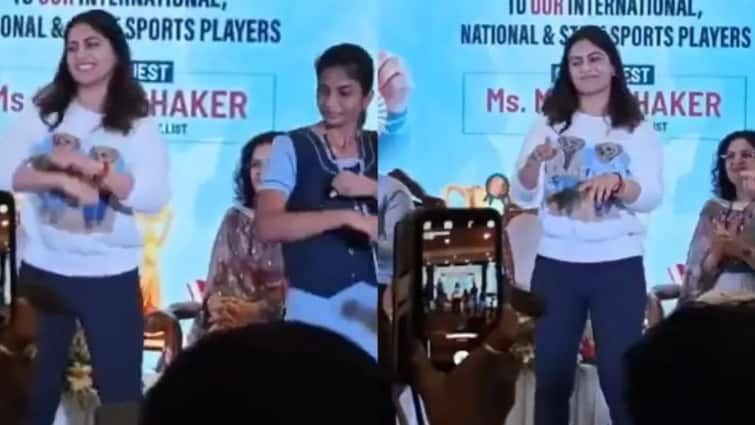 Manu Bhaker Dancing Video Kala Chashma Song Paris Olympics 2024 Bronze Medallist Manu Bhaker Dances On 'Kala Chashma' Song During Felicitation Event | WATCH VIRAL VIDEO