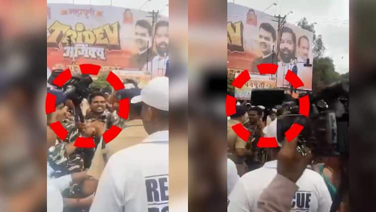 kolhapur police sp mahendra pandit threatened to abp majha cameraman nilesh shewale at Swapnil Kusale rally marathi  Kolhapur VIDEO : कोल्हापूर पोलिस अधीक्षकांची मुजोरी, 'एबीपी माझा'च्या कॅमेरामनला धक्काबुक्की