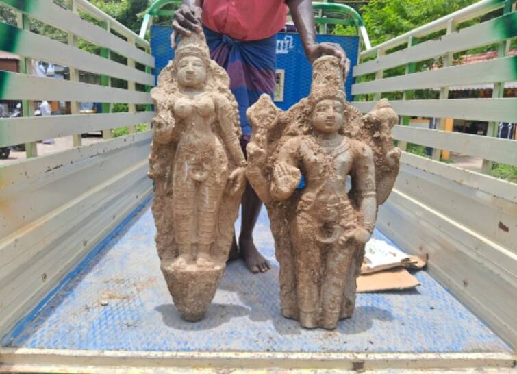 Trichy news 2 Sami idols found in dug pit - TNN திருச்சி அருகே தோண்டிய குழியில் கிடைத்த 2 சாமி சிலைகள்