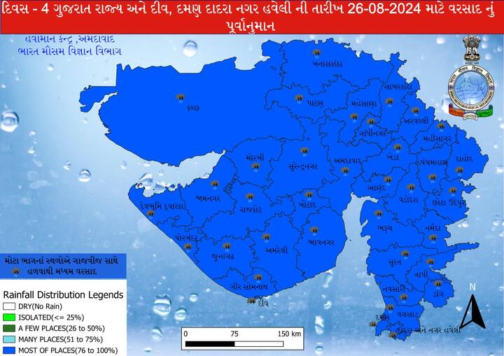 સોમવારે 26 ઓગસ્ટે પણ રાજ્યના અનેક જિલ્લાઓમાં હવામાન વિભાગે આગાહી કરી છે. સૌરાષ્ટ્રના મોટાભાગના જિલ્લાઓમાં વરસાદની આગાહી કરવામાં આવી છે.