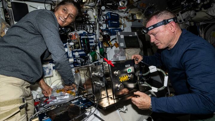 Sunita Williams and Butch Wilmore prepare orbital plumbing hardware for installation inside the ISS’s bathroom, also known as the waste and hygiene compartment, located in the Tranquility module | Photo: NASA