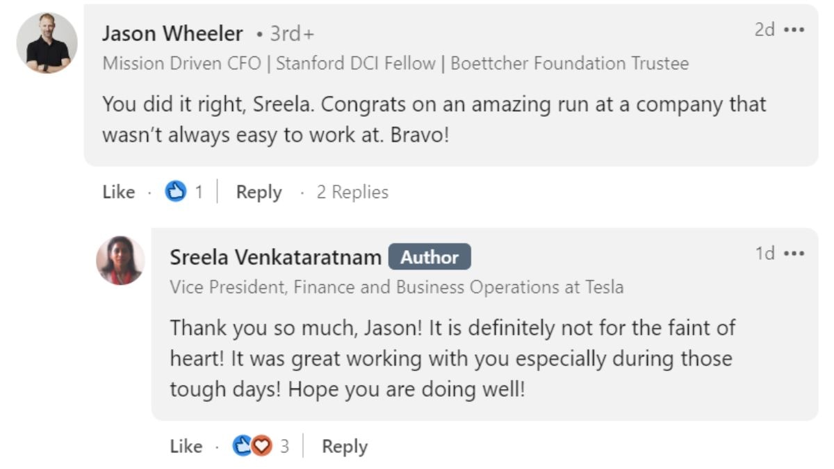 Not For The Faint Of Heart'. Tesla's Sreela Venkataratnam Quits, Warns Working At Elon Musk's Firm Is Tough