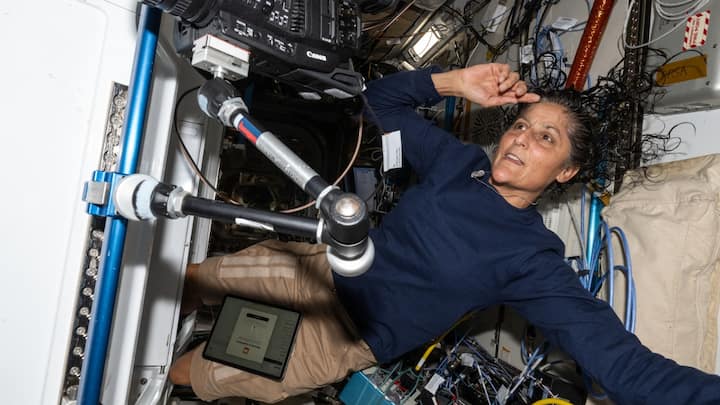 Suni Williams is pictured after conducting an exercise session on the COLBERT treadmill located inside the Tranquility module of ISS | Photo: NASA