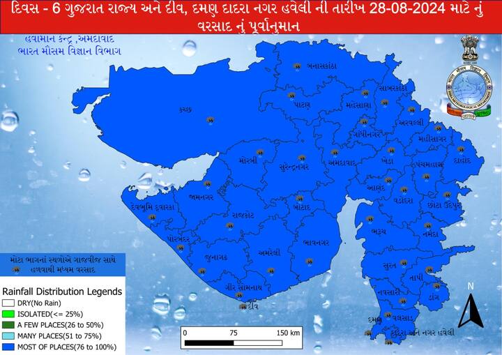 28 ઓગસ્ટ અને બુઘવારના દિવસે પણ રાજ્યમાં વરસાદી માહોલ યથાવત રહેશે. હવામાન વિભાગે અનેક વિસ્તારોમાં વરસાદની આગાહી કરી છે.