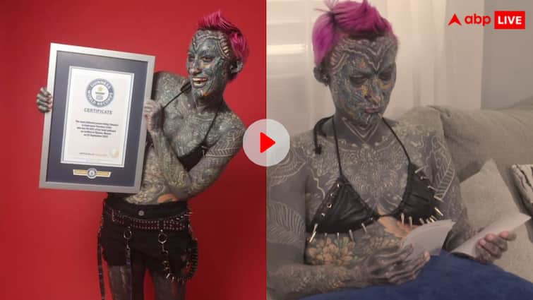 American woman got her entire body tattooed video goes viral शरीर के 99.9% हिस्से में बनवा लिए टैटू, जीभ के भी किए दो हिस्से- महिला ने तोड़ा वर्ल्ड रिकॉर्ड