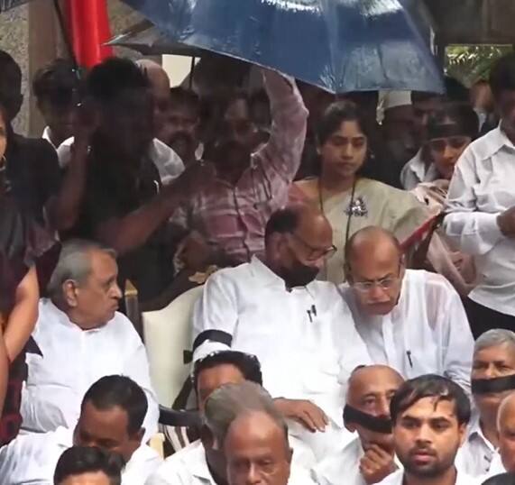 यावेळी आंदोलकांच्या दंडावर काळ्या फिती होत्या. पाऊस बरसत असताना शरद पवार आंदोलनच्या ठिकाणी बसले होते.
