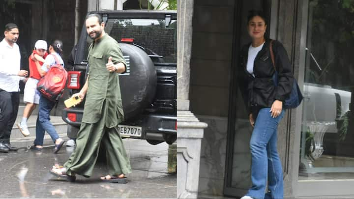 Kareena Kapoor Saif Ali Khan Pics: बॉलीवुड का पावरकपल करीना कपूर और सैफ अली खान को हाल ही में एक्ट्रेस के पिता रणधीर कपूर के घर पर स्पॉट किया. जहां कपल अपने दोनों बच्चों के साथ पहुंचे.