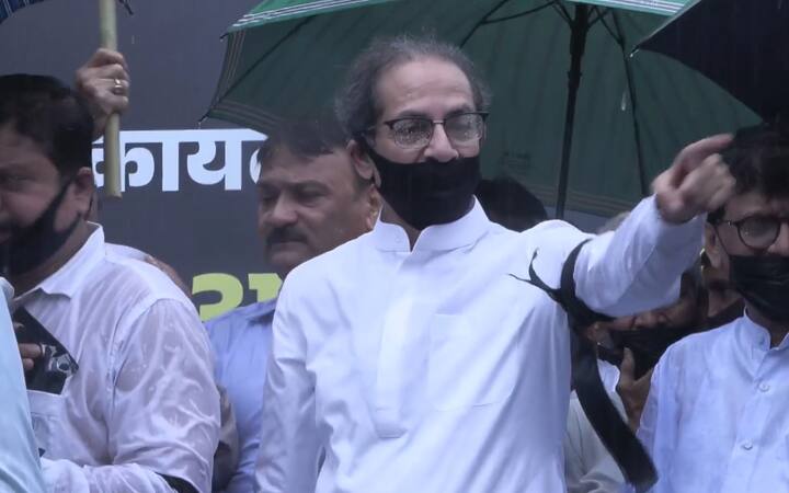 एकीकडे पाऊस चालू असताना हे आंदोलन करण्यात आले. भर पासवात उद्धव ठाकरे, रश्मी ठाकरे, संजय राऊत आंदोलनस्थळी उपस्थित होते. यावेळी शिवसेना ठाकरे गटाच्या कार्यकर्त्यांनी काळ्या फिती लावल्या होत्या.