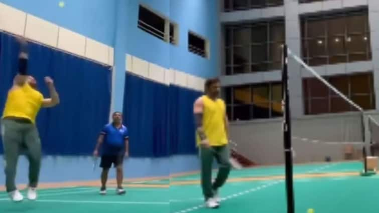 MS Dhoni Playing Badminton Viral Video Fans Comment Send Him To LA 2028 Olympics CSK Chennai Super Kings MS Dhoni Aces Powerful Smash While Playing Badminton; Fans Say Send Him To LA 2028 Olympics | VIDEO