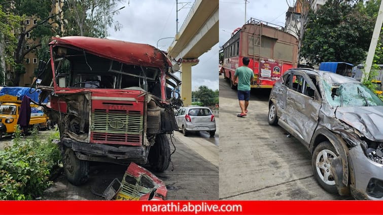 Fatal accident ST bus and car in Khadki One killed 6 seriously injured bus lost control accident Pune Accident News: खडकीत एसटी बस अन् कारचा भीषण अपघात; एकाचा मृत्यू 6 गंभीर जखमी, बसवरील नियंत्रण सुटलं...