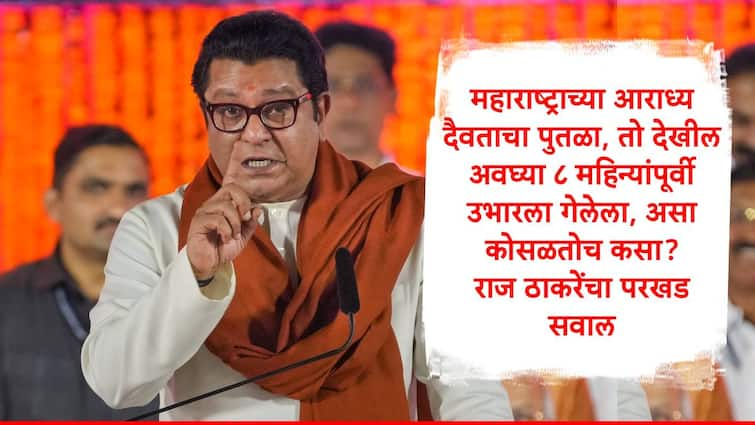 Raj Thackeray questions on Chhatrapati Shivaji Maharaj Statue Collapsed at Malvan Rajkot Fort Marathi News Raj Thackeray :  महाराष्ट्राच्या आराध्य दैवताचा पुतळा ,तो देखील अवघ्या 8 महिन्यांपूर्वी उभारला गेलेला,असा कोसळतोच कसा? राज ठाकरेंचा सवाल