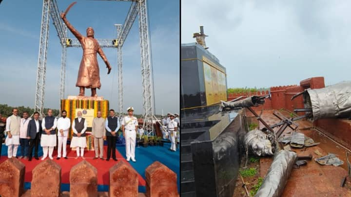 Shivaji statue in Maharashtra Sindhudurg unveiled by PM Modi last December collapses after heavy rain மோடி திறந்து வைத்த சிவாஜி சிலை.. 8 மாதங்களில் கீழே விழுந்து நொறுங்கியதால் பரபரப்பு!