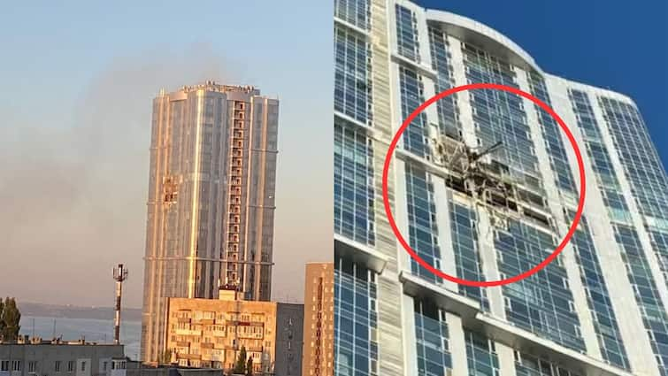 Drone Crashes in Russia drone crashes into 38 story high rise building volga sky in russia saratov two people seriously injured VIDEO : युक्रेनचा रशियावर अमेरिकेच्या 9/11 सारखाच भयावह हल्ला; प्रसिद्ध 38 मजली इमारतीत ड्रोन घुसलं