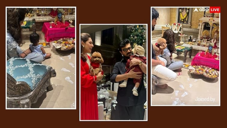 Ram Charan Janmashtami Celebration 2024 With Wife Upasana Konidela and Daughter Klin Kaara see pics राम चरण और उपासना ने बेटी क्लिन संग घर पर मनाया जन्माष्टमी का त्योहार, Inside तस्वीरें आई सामने