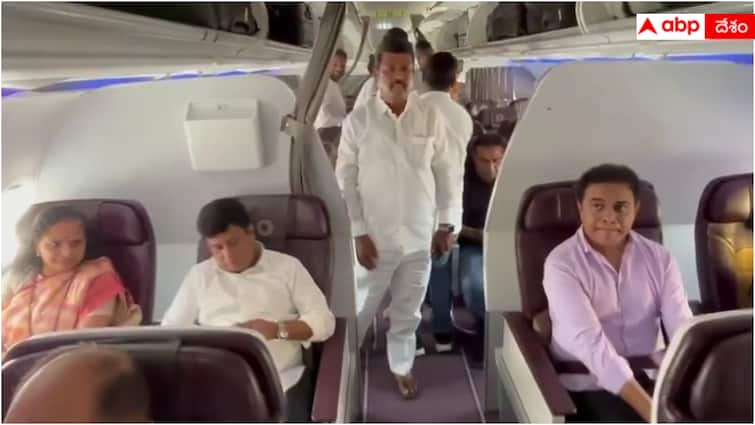 BRS leader K Kavitha along with her brother KTR leaves for Hyderabad from Delhi Kavitha: స్పెషల్ ఫ్లైట్‌లో హైదరాబాద్‌కు ఎమ్మెల్సీ కవిత, కేటీఆర్ Watch Video