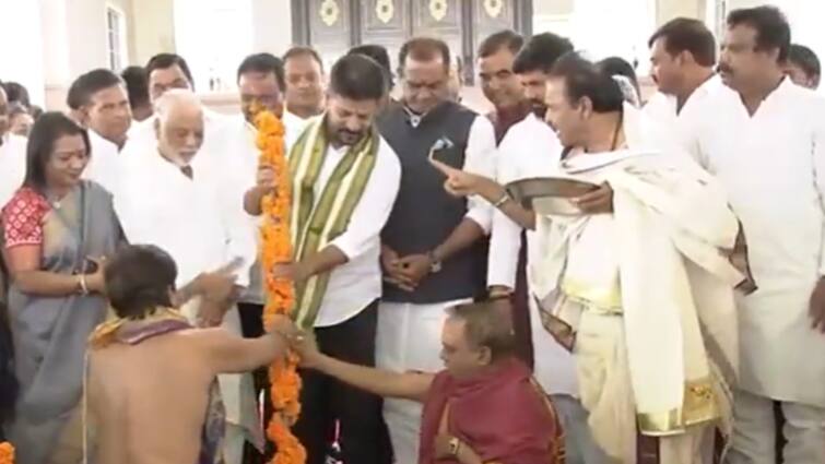 Telangana Thalli Statue CM Revanth Reddy Performs Bhumi Puja At Secretariat WATCH WATCH: CM Revanth Reddy Performs Bhumi Puja For Telangana Thalli Statue At Secretariat