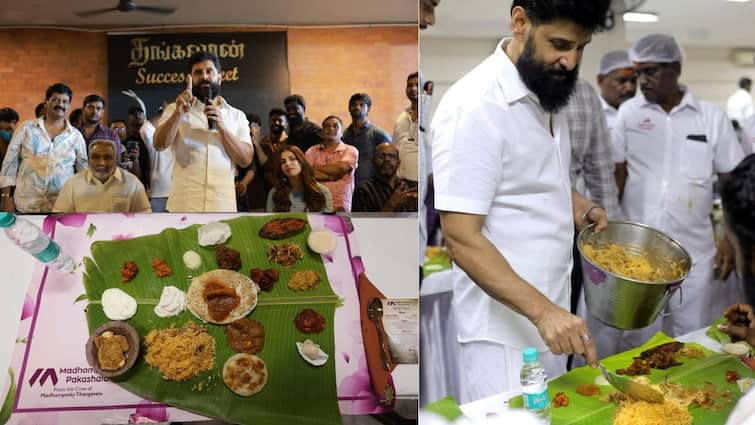 thangalaan Actor vikram serves food at thangalaan success party Thangalaan : தங்கலான்' படக்குழுவினருக்கு விருந்தோம்பலுடன் நன்றி தெரிவித்த சீயான் விக்ரம்