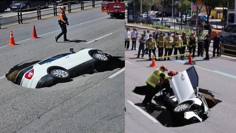 Massive Sinkhole Opens Up In Seoul Swallows Car Video Goes Viral Viral Video: షాకింగ్ వీడియో! హఠాత్తుగా కుంగిపోయిన రోడ్డు, భారీ గోతిలో కూరుకుపోయిన కార్ - వీడియో