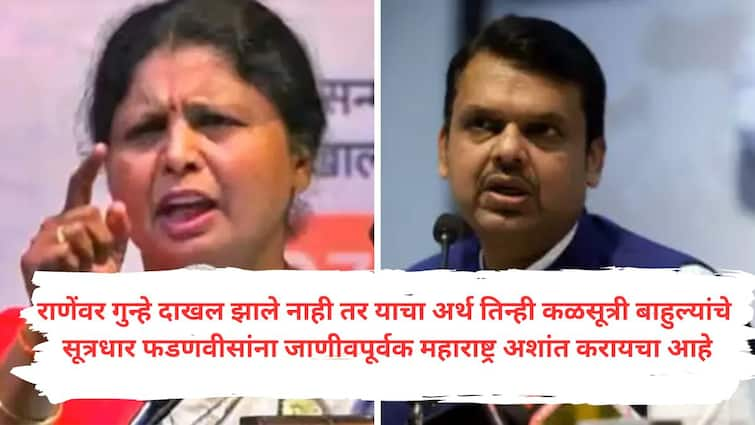 Sushma Andhare on Devendra Fadnavis says If the cases are not registered against narayan Rane hm Fadnavis deliberately wants to disturb Maharashtra Sushma Andhare : राणेंवर गुन्हे दाखल झाले नाही तर याचा अर्थ तिन्ही कळसूत्री बाहुल्यांचे सूत्रधार फडणवीसांना जाणीवपूर्वक महाराष्ट्र अशांत करायचा आहे; सुषमा अंधारेंचा आरोप