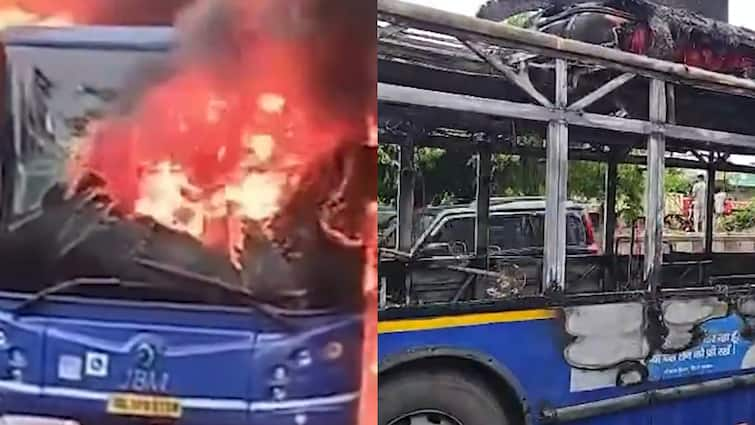 Watch DTC bus catches fire in east Delhi Jagatpuri 50 passengers safely rescued Watch: डीटीसी बस में सवार थे 50 यात्री, अचानक लगी आग, फिर बाइक चालक ने ऐसे टाला बड़ा हादसा 