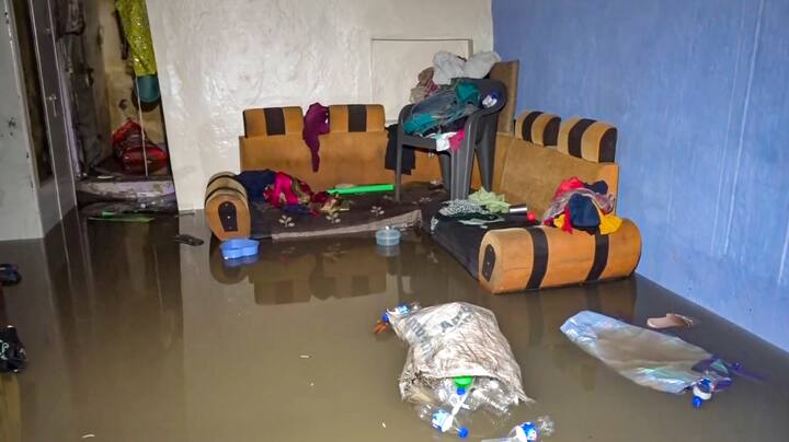 A partially submerged room of a house as flood water entered homes in low lying areas of Vadodara, Gujarat, Thursday, Aug 29, 2024. (Source: PTI)