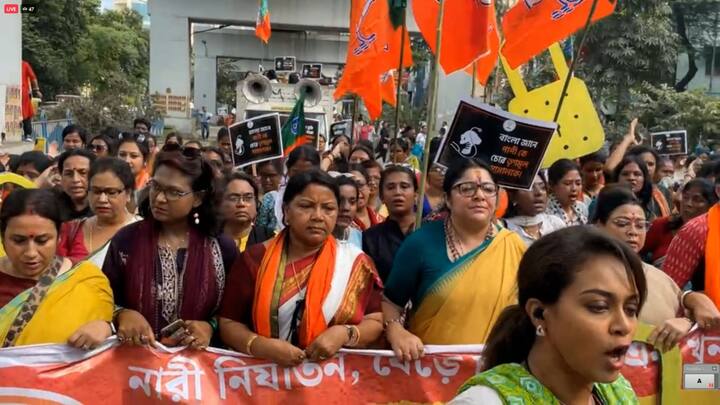 করুণাময়ী থেকে বিজেপি মহিলা মোর্চার মিছিল শুরু হওয়ার আগেই তা আটকানোর চেষ্টা করা হয় পুলিশের তরফে।